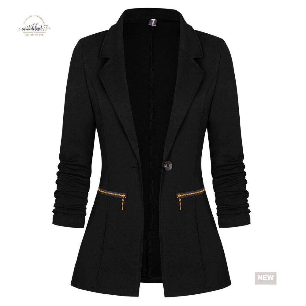 Long Sleeve Blazer Cardigan Slim Fit Office Work Zipper Pockets Stretchy